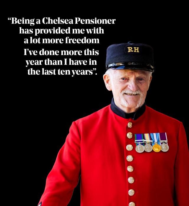 Chelsea Pensioner in scarlet uniform with medals beside a quote about gaining freedom and doing more in recent years.